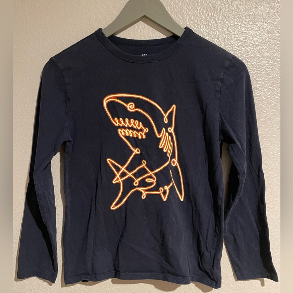 Lot of 2 Boys XL T-Shirts: Red Short Sleeve & Navy Blue Long Sleeve Shark Tee